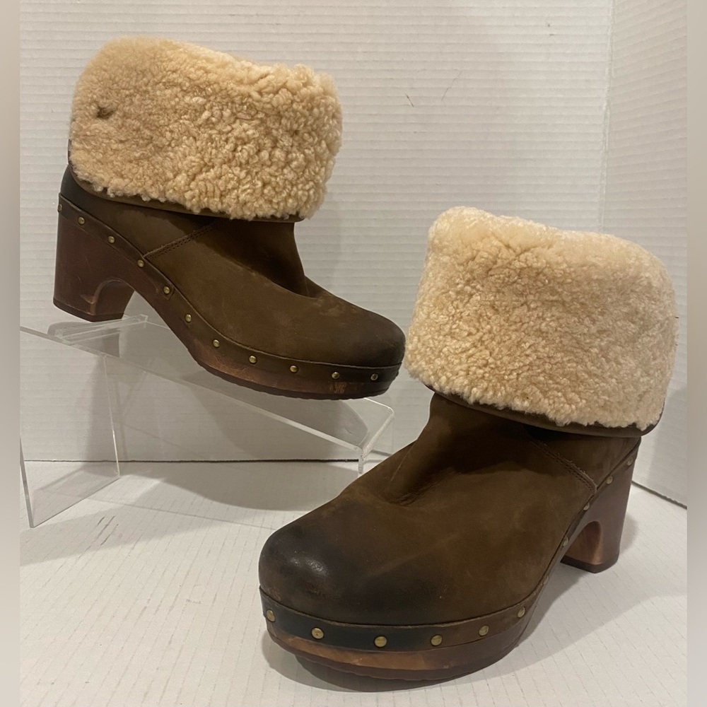 UGG Australia Lynnea Brown Nubuck Foldover Sheepskin Cuff Studded Clog Boots